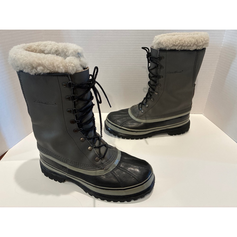 Vintage Eddie Bauer Winter Pac Snow Duck Boots Men 11 Gray Leather Shearling